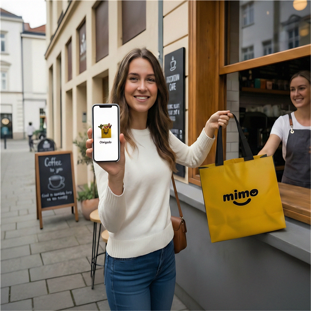 Cliente Mimo em frente à loja com sacola